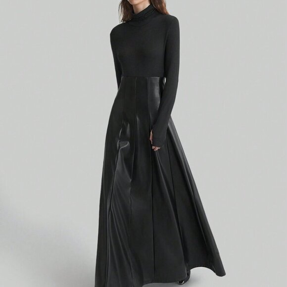 Black Elegant Women's solid upper with Faux Leather bottom Maxi Party Dress - Picture 1 of 8